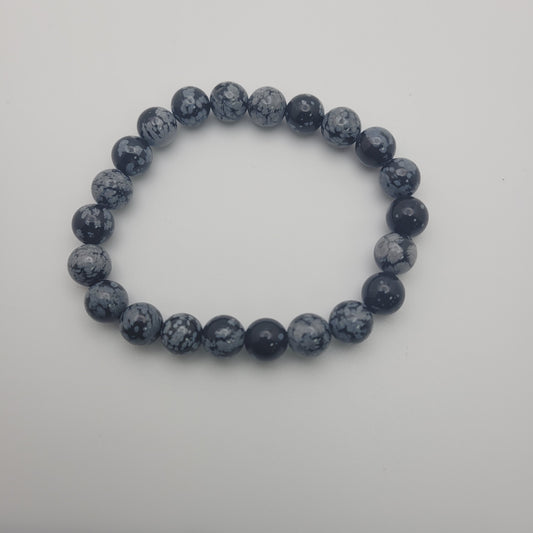 8mm Snowflake Obsidian Round Stretch Bracelet. 