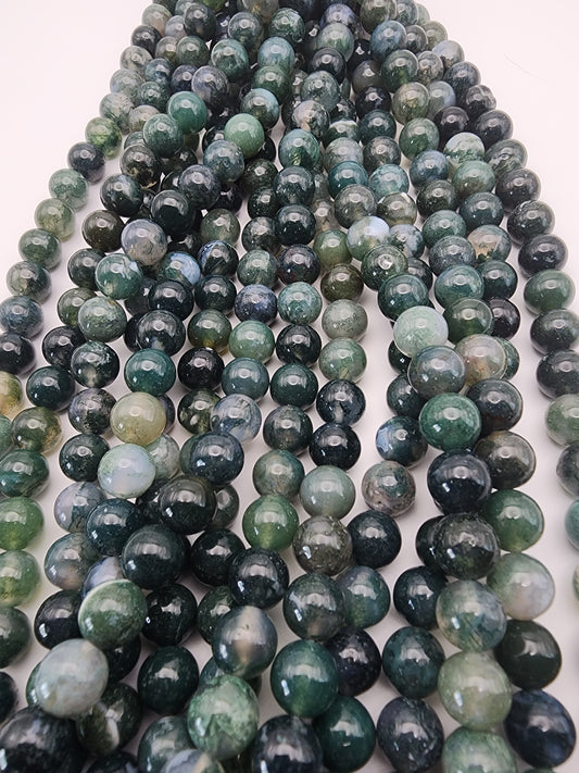 9mm Green Moss Agate Round Bead Strand.