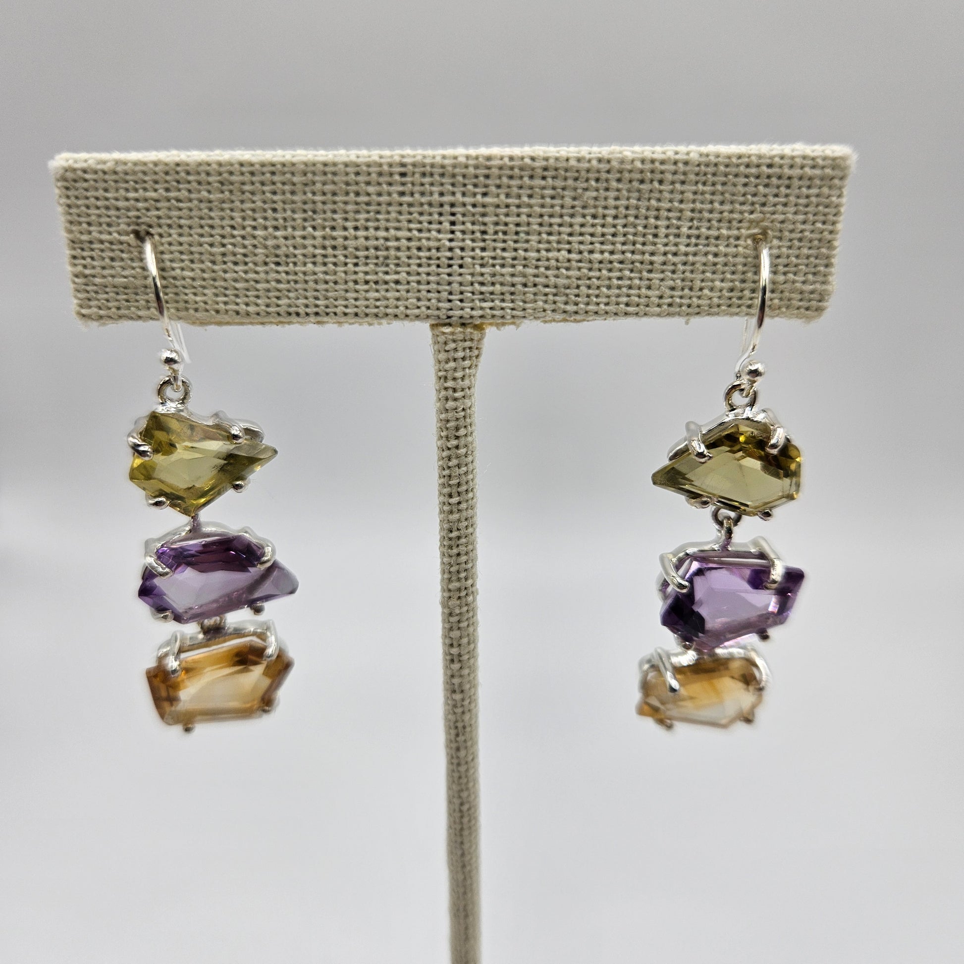 Amethyst Citrine Topaz Triple Stone Sterling Silver Faceted Dangle Earrings.