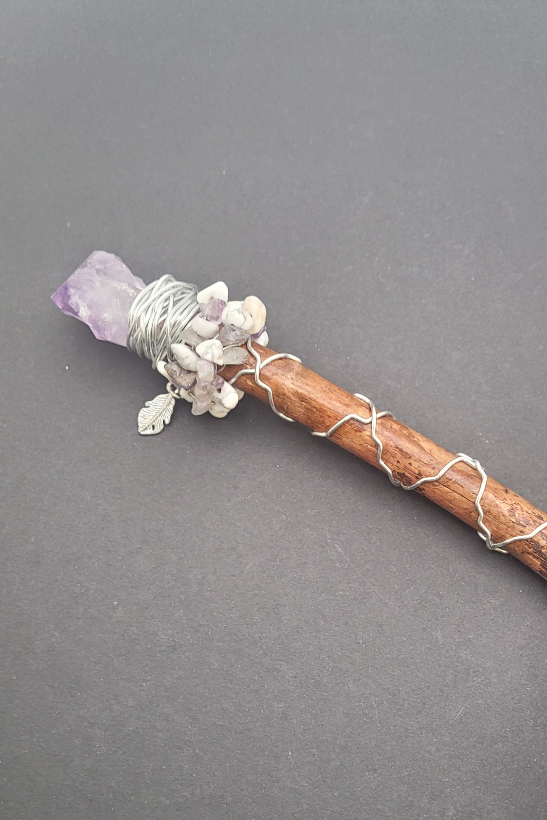 Handmade Amethyst and Howlite Wand With Feather Charm.