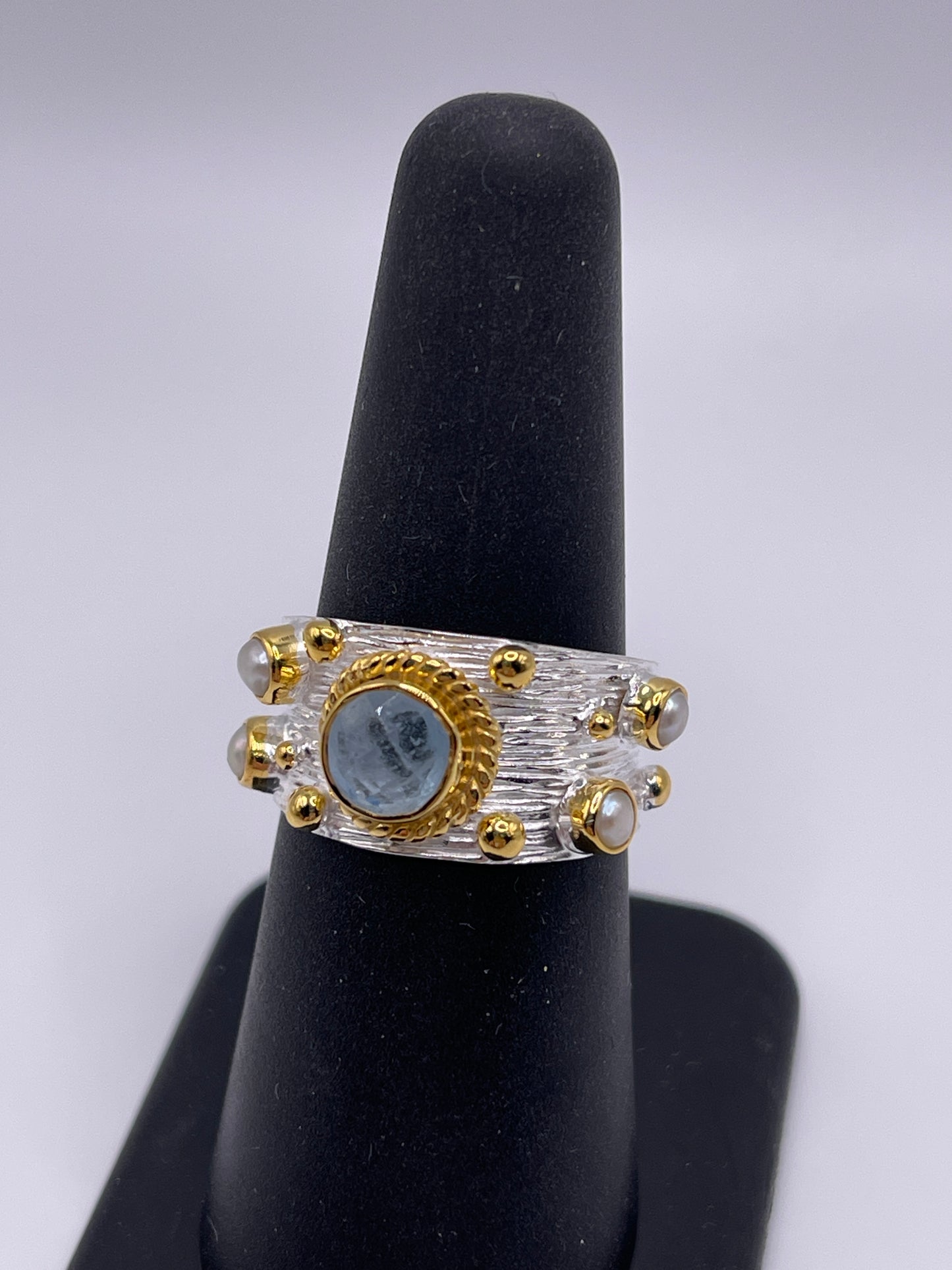 Aquamarine with Pearls Sterling Silver Band Ring Size 7