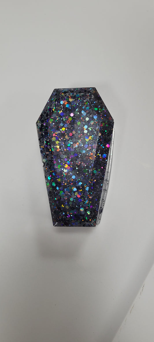 Handmade Black Glitter Resin Coffin.