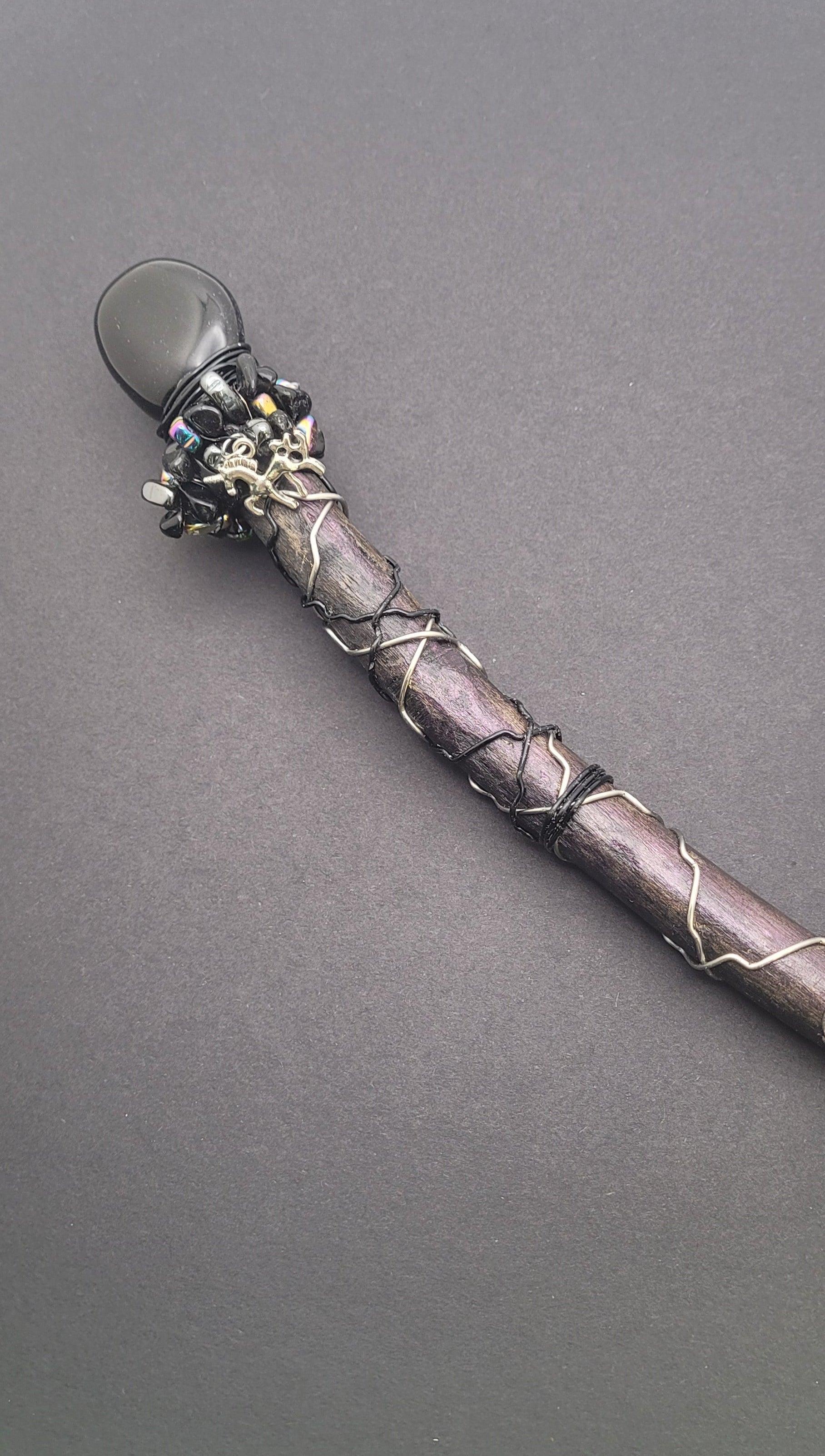 Handmade Black Onyx Hematite Wand With Unicorn Charm