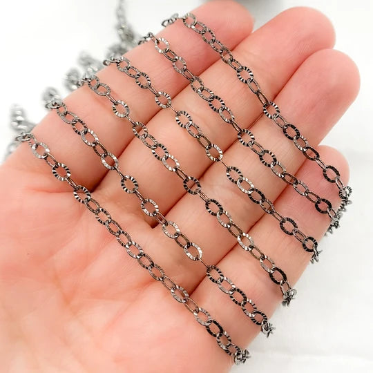 Black Rhodium Sterling Silver Diamond Cut Cable 3x4mm Chain By The Foot,