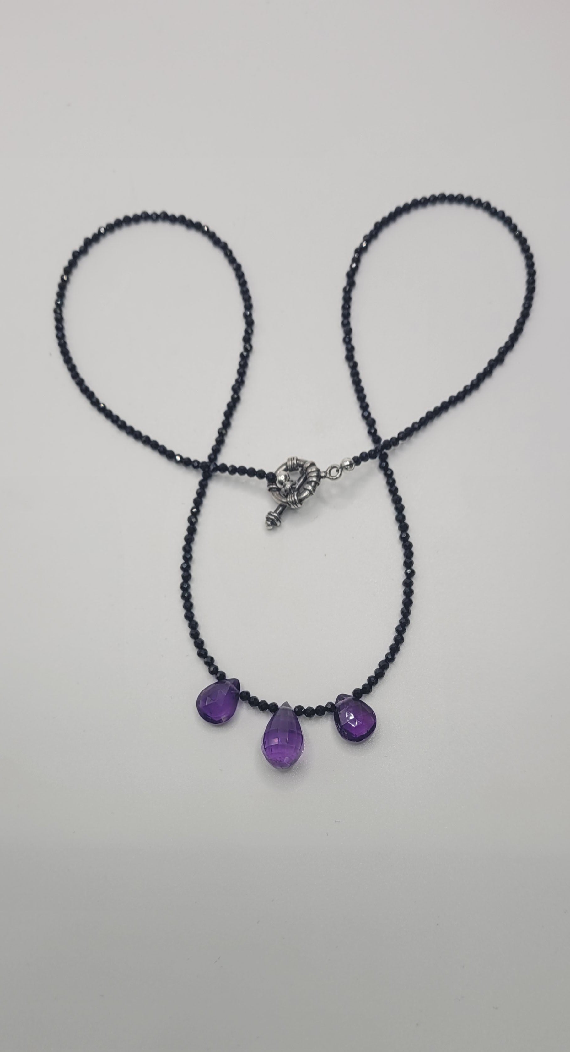 Black Spinel and Amethyst Necklace With Sterling Silver Toggle Clasp.