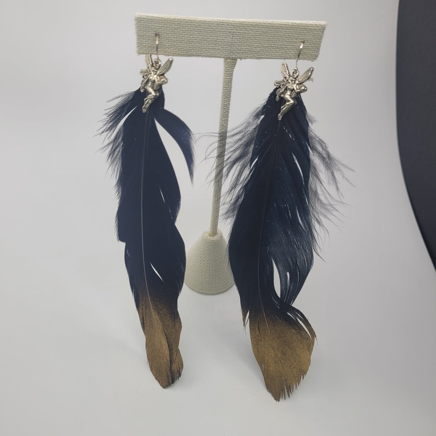 Black and Gold Fairy Feather Earrings Silver Plated.