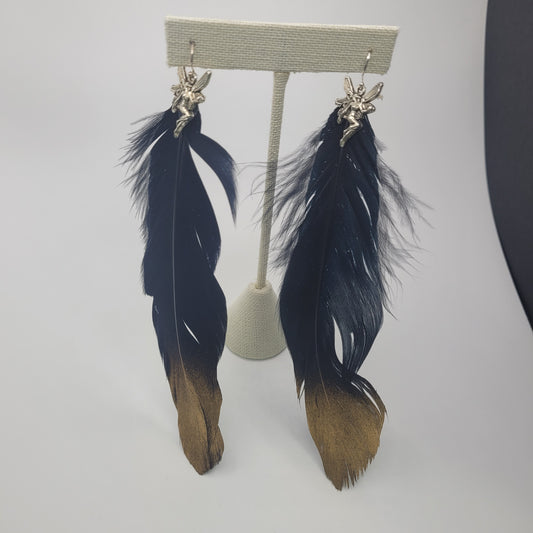 Black and Gold Fairy Feather Earrings Silver Plated.