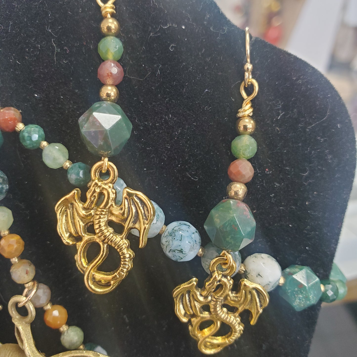  Bloodstone and Agate Bead Gold Color Dragon Earrings.