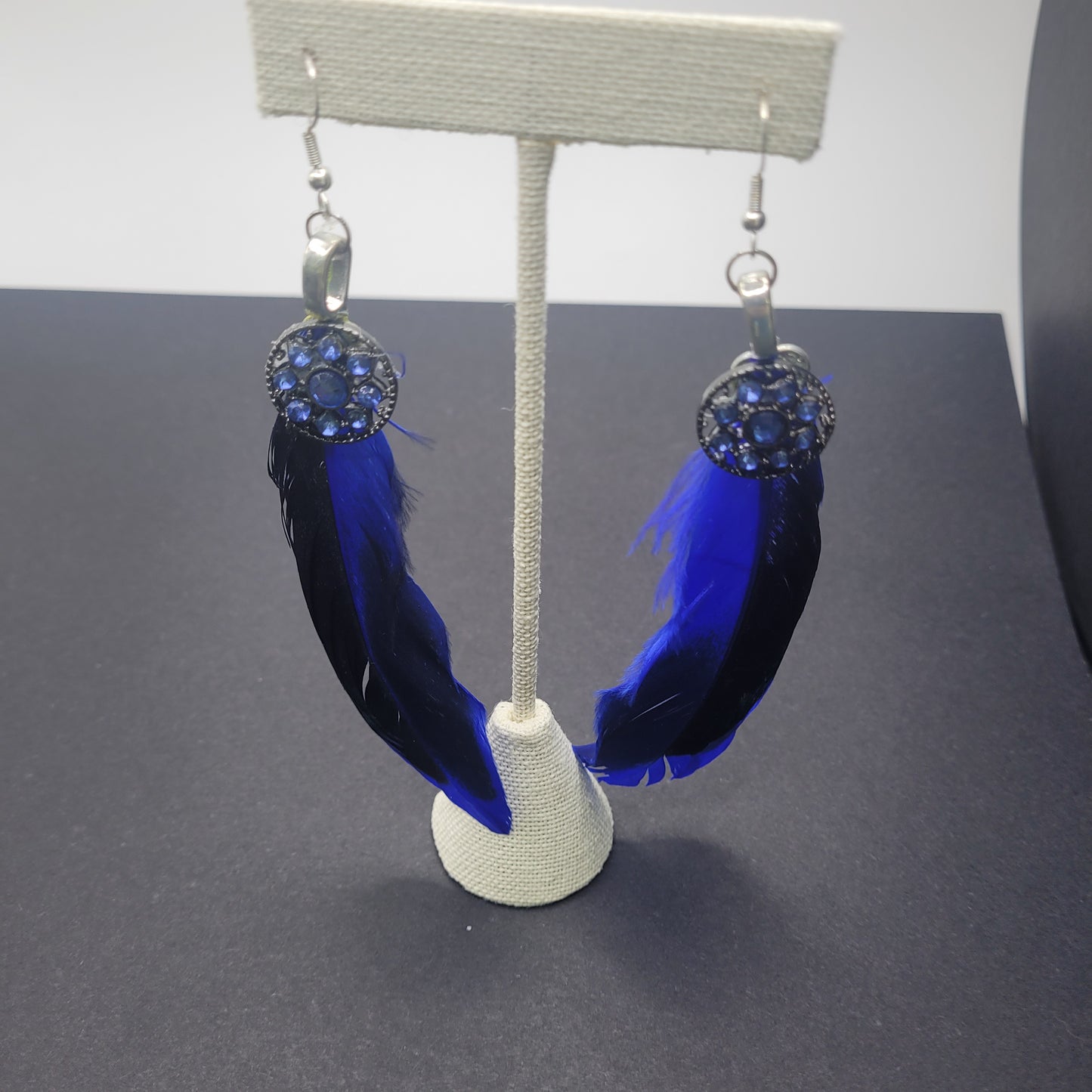 Silver Plated Blue Feather Earrings.