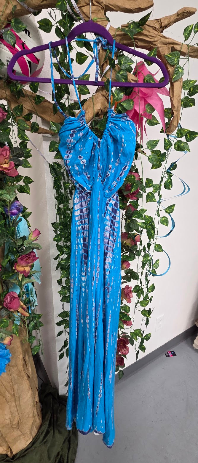 Blue Tie Dye Long Halter Dress.