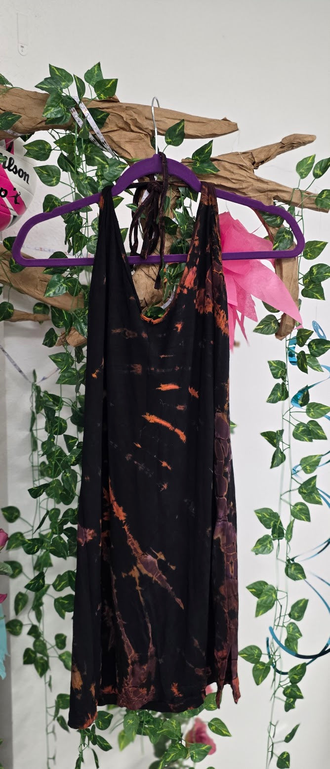 Brown Tie-Dye Halter Dress.