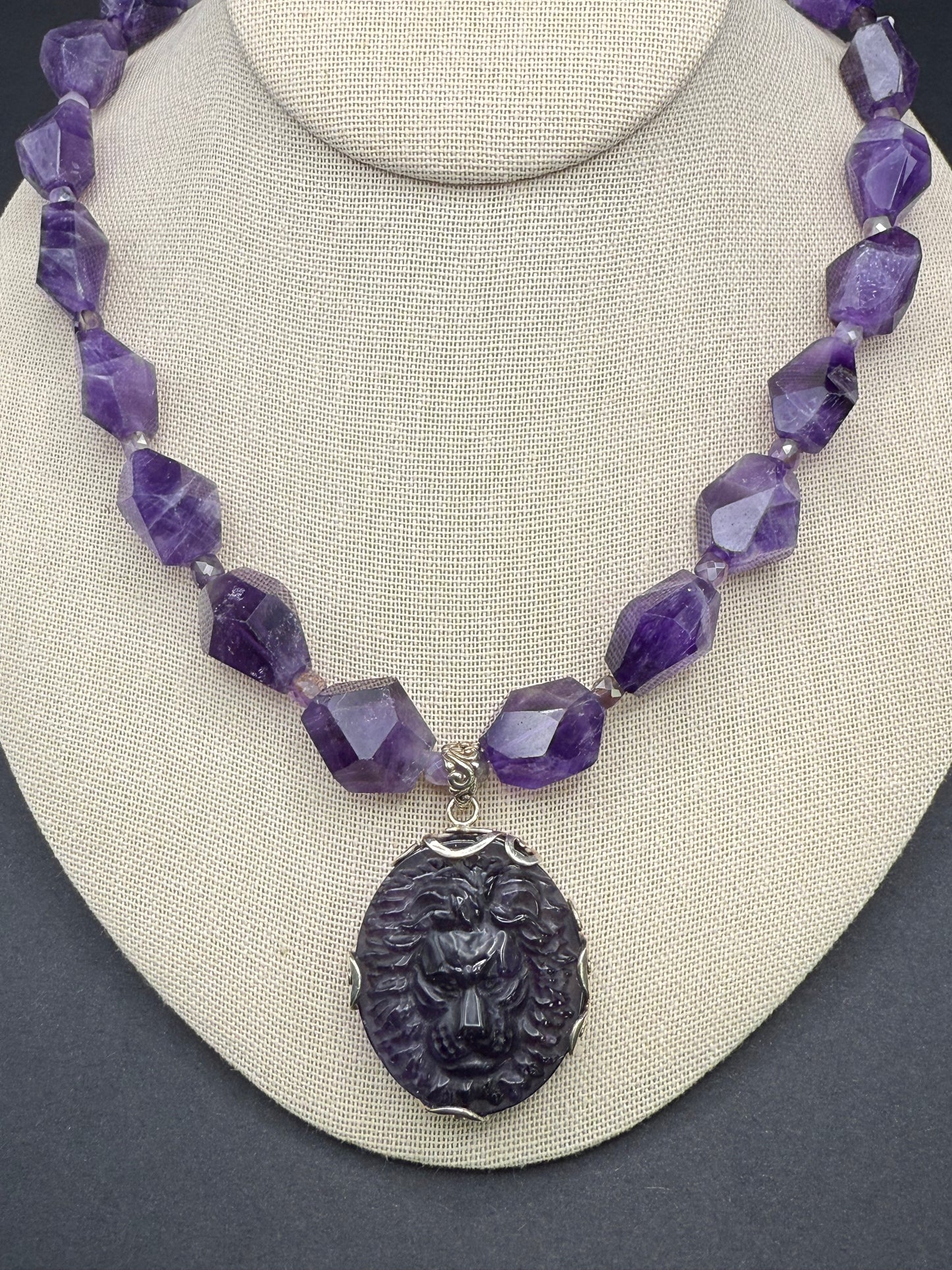 Carved Amethyst Lion Statement Necklace with sterling silver.