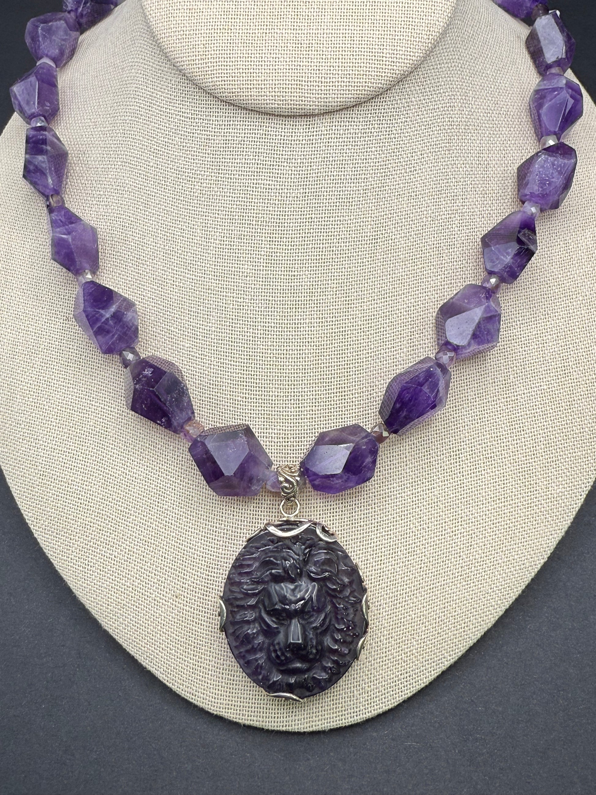 Carved Amethyst Lion Statement Necklace with sterling silver.