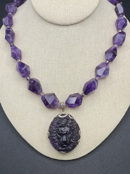 Carved Amethyst Lion Statement Necklace with sterling silver.