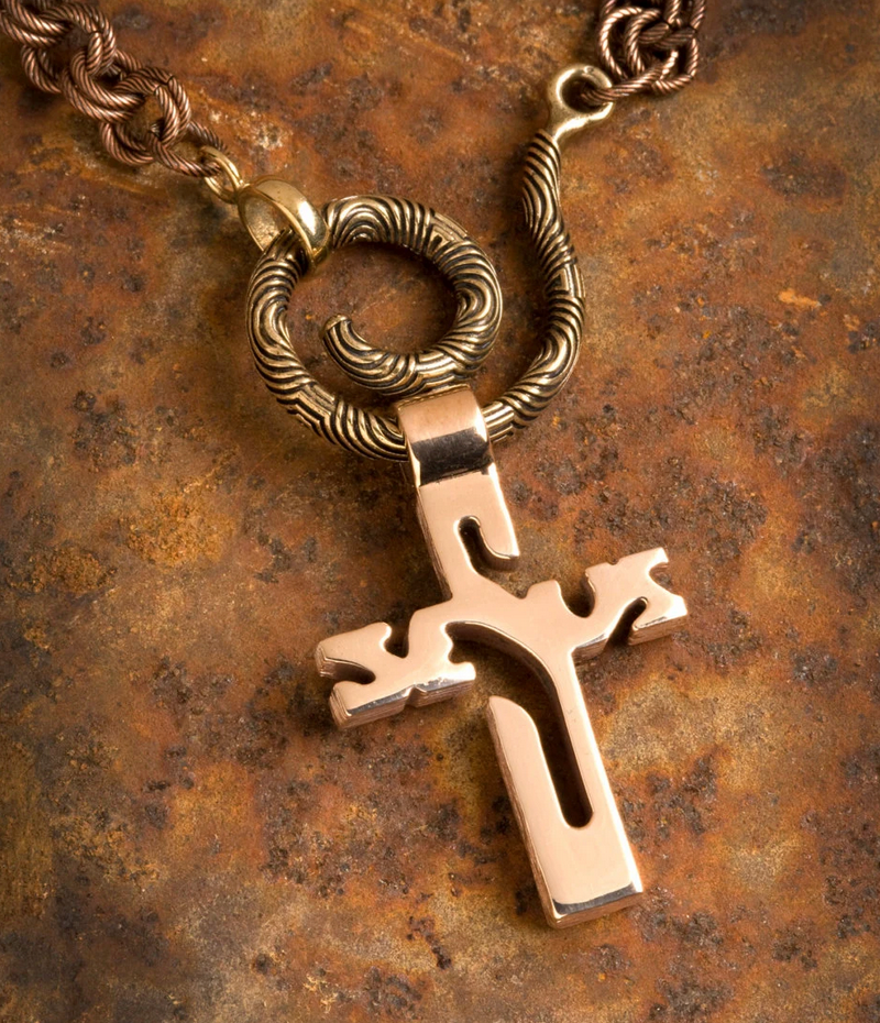 Chartres Spiral Clasp and Bail Bronze Necklace Bail showing how to use as clasp and bail in one. 