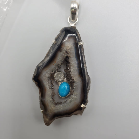 Druzy Pendant with Turquoise  & Quartz.
