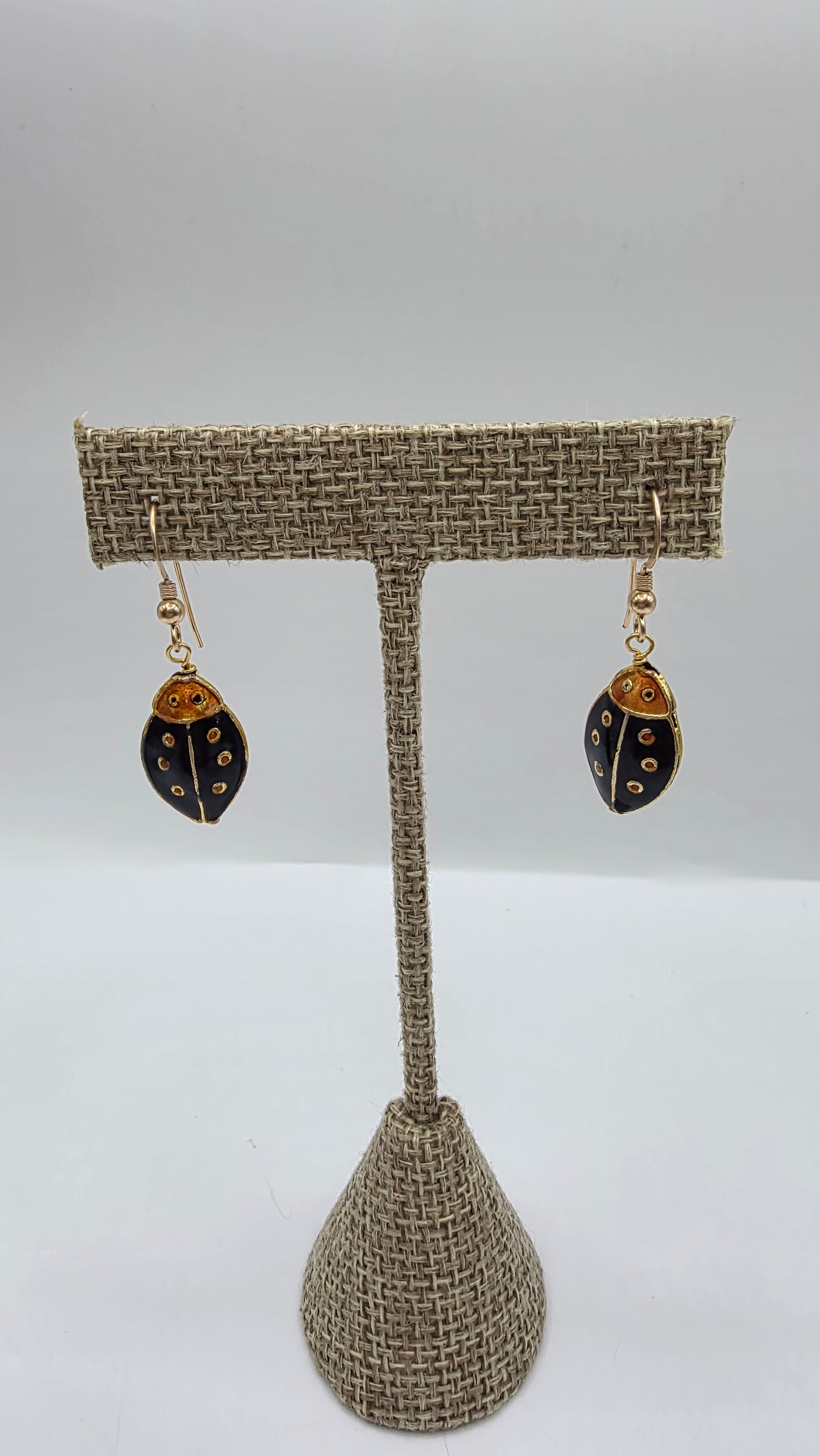 Gold Filled Black Ladybug Wire Wrap Earrings.