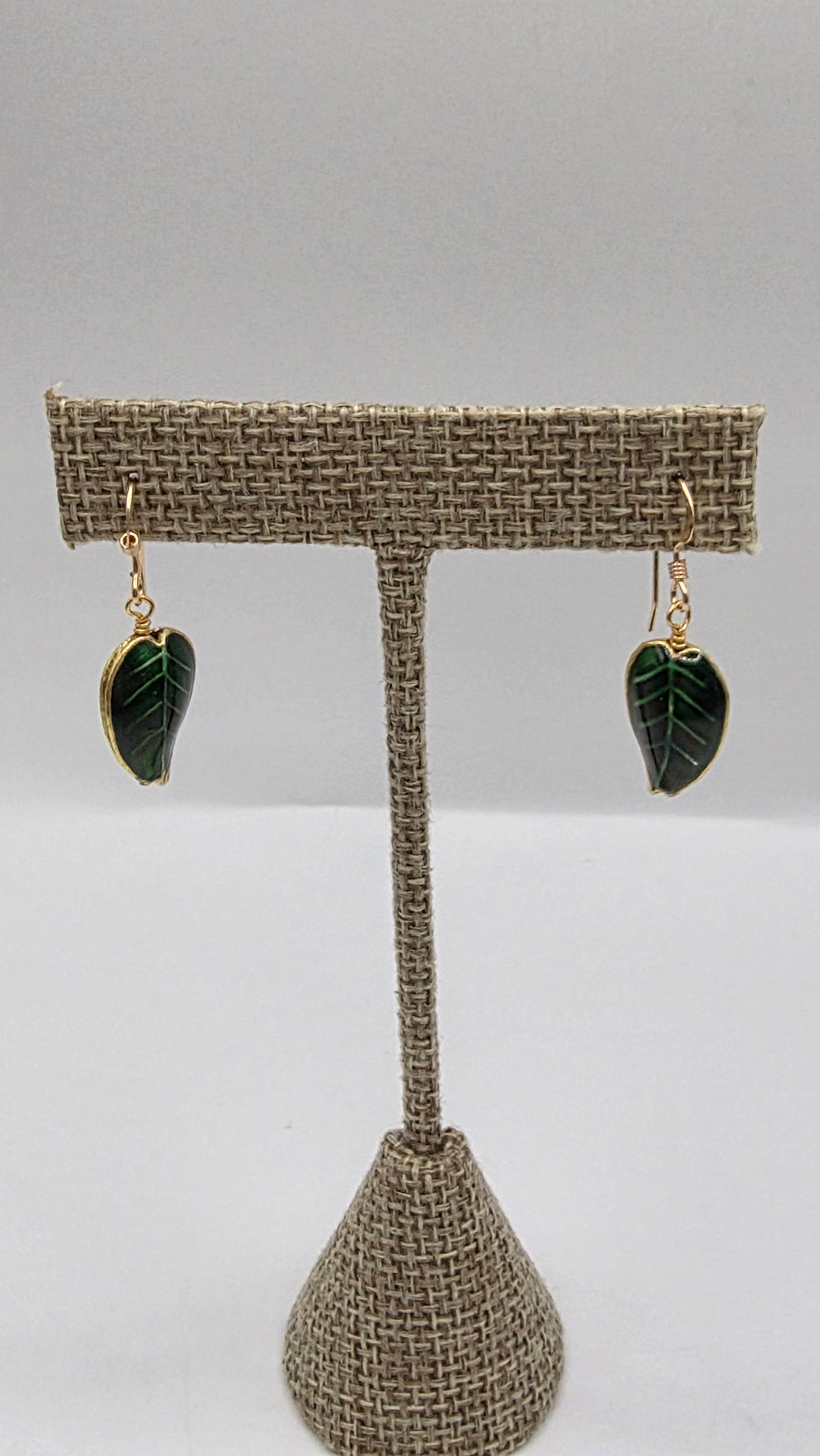 Gold Filled Dark Green Leaf Wire Wrap Earrings.