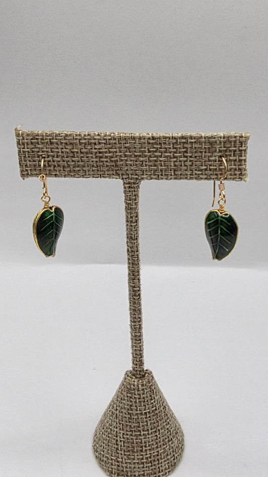 Gold Filled Dark Green Leaf Wire Wrap Earrings.