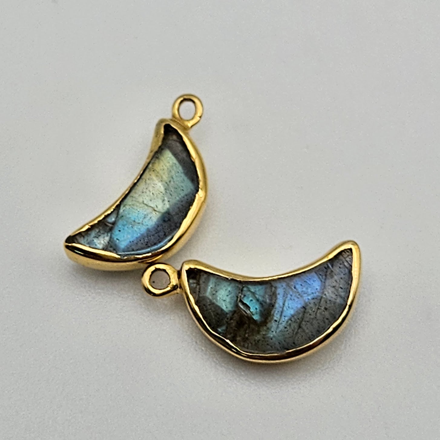 Gold Plated Faceted Labradorite Moon Charm.