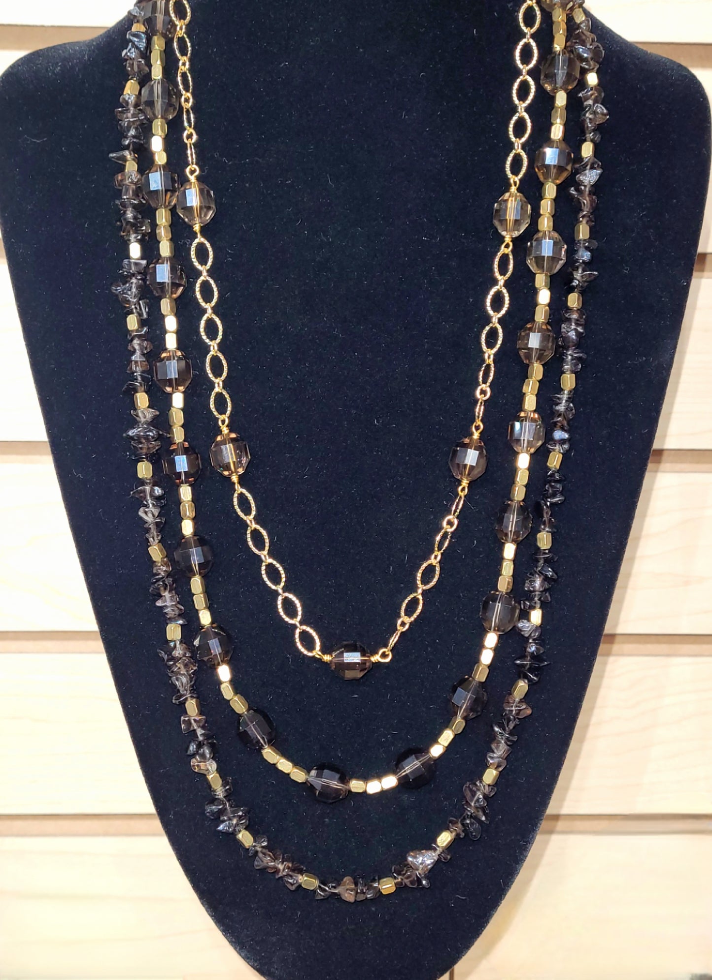 Handmade-Gold Plated Smoky Quartz Tripple Strand Necklace.