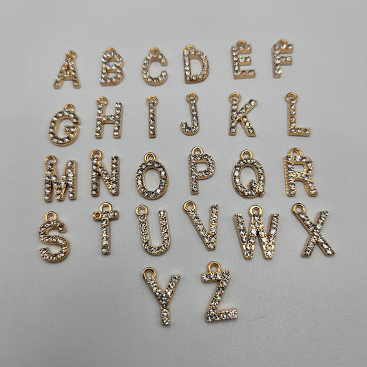 Gold Colored Letter Charms with Rhinestone 0.5 inch.