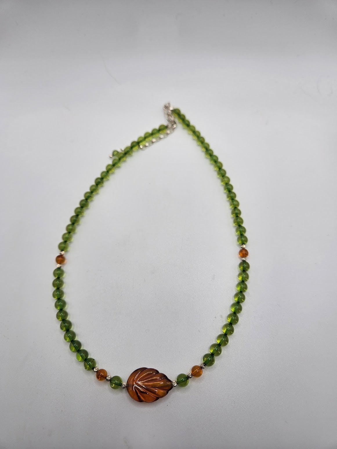 Green and Orange Amber Leaf Necklace.