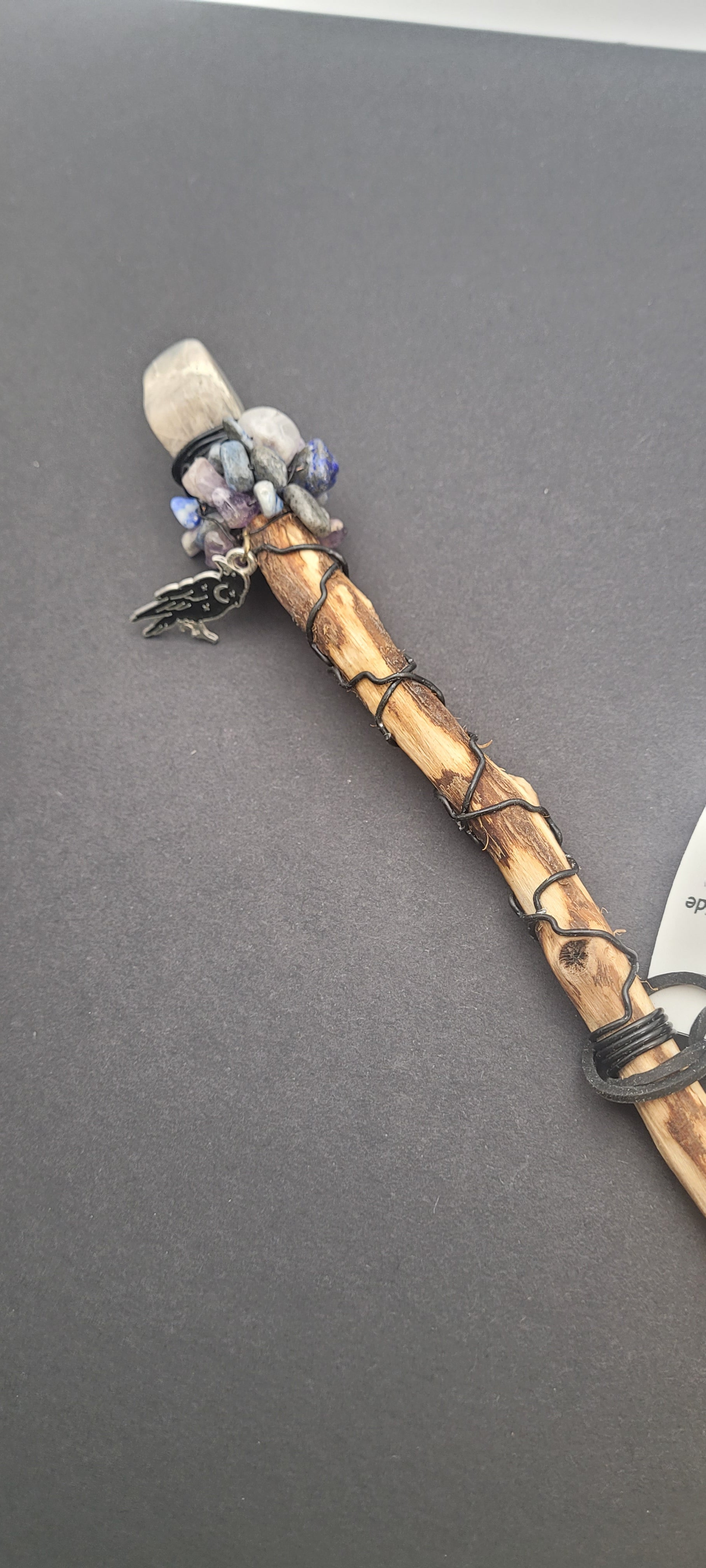 Handmade Grey Agate, Lapis and Amethyst Wand With Raven Charm.