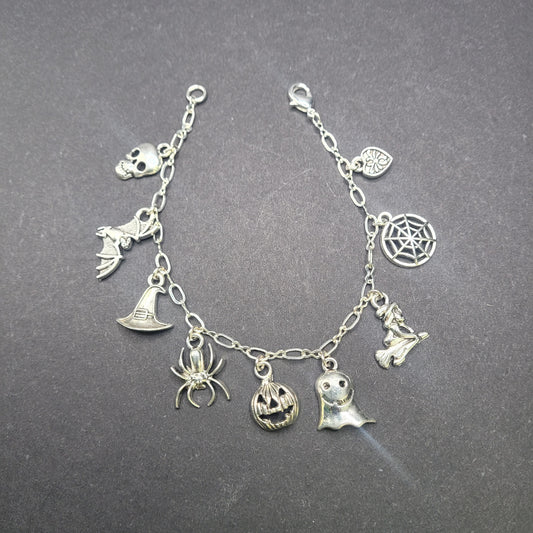 Halloween Charm Bracelet Silver Plated Approximately 7.5 Inches.
