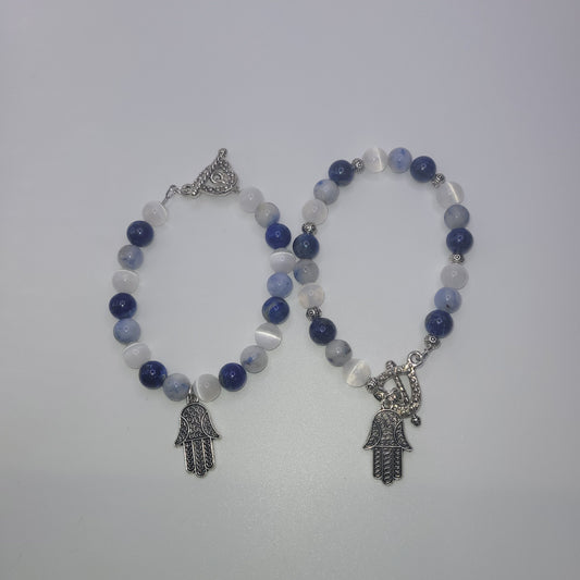 Hamsa Blue And White Gemstone Bracelet. Bracelets vary in color and design and are Chosen Randomly.
