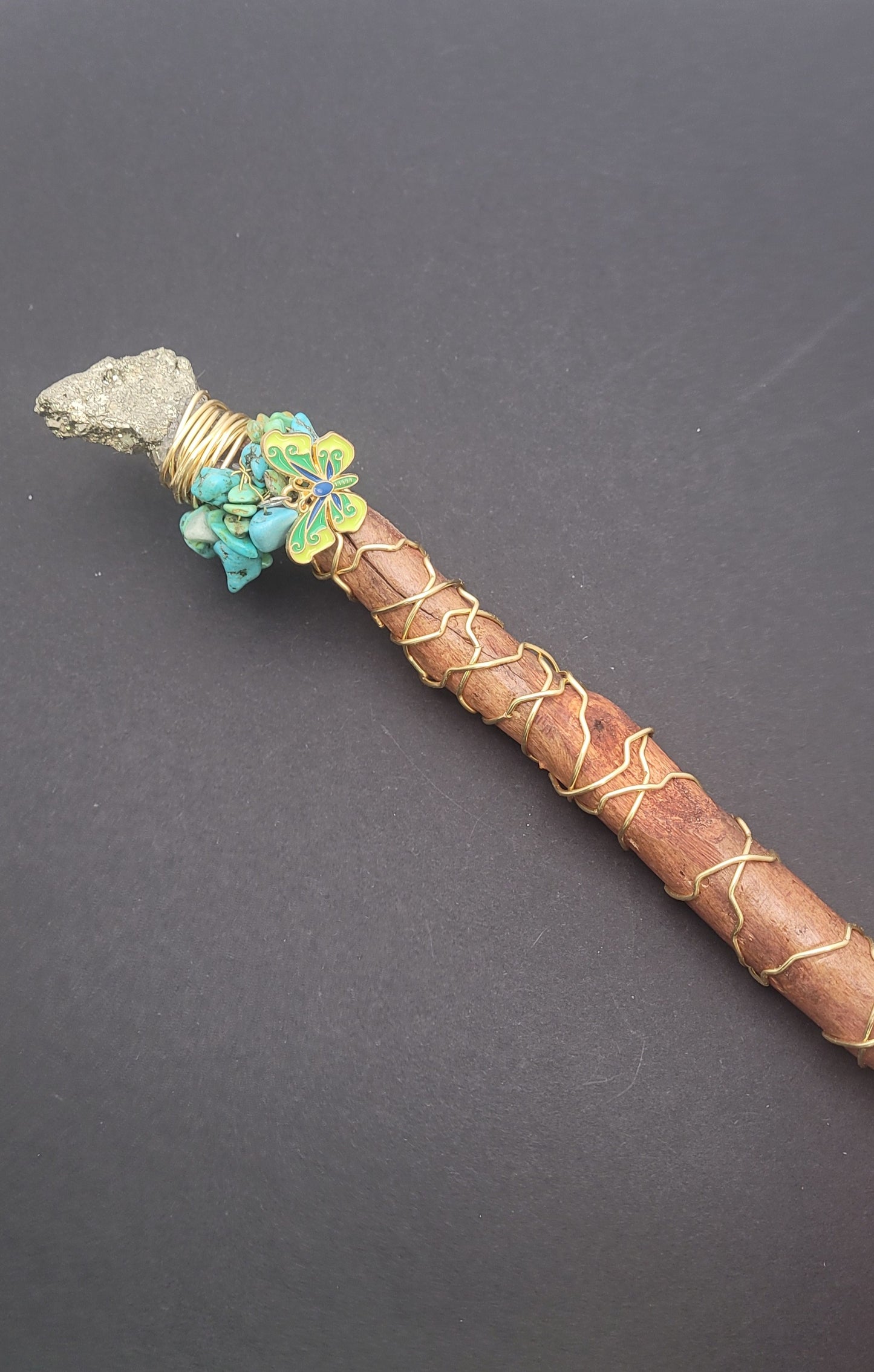 Handmade Pyrite With Turquoise Wand With Butterfly Charm.