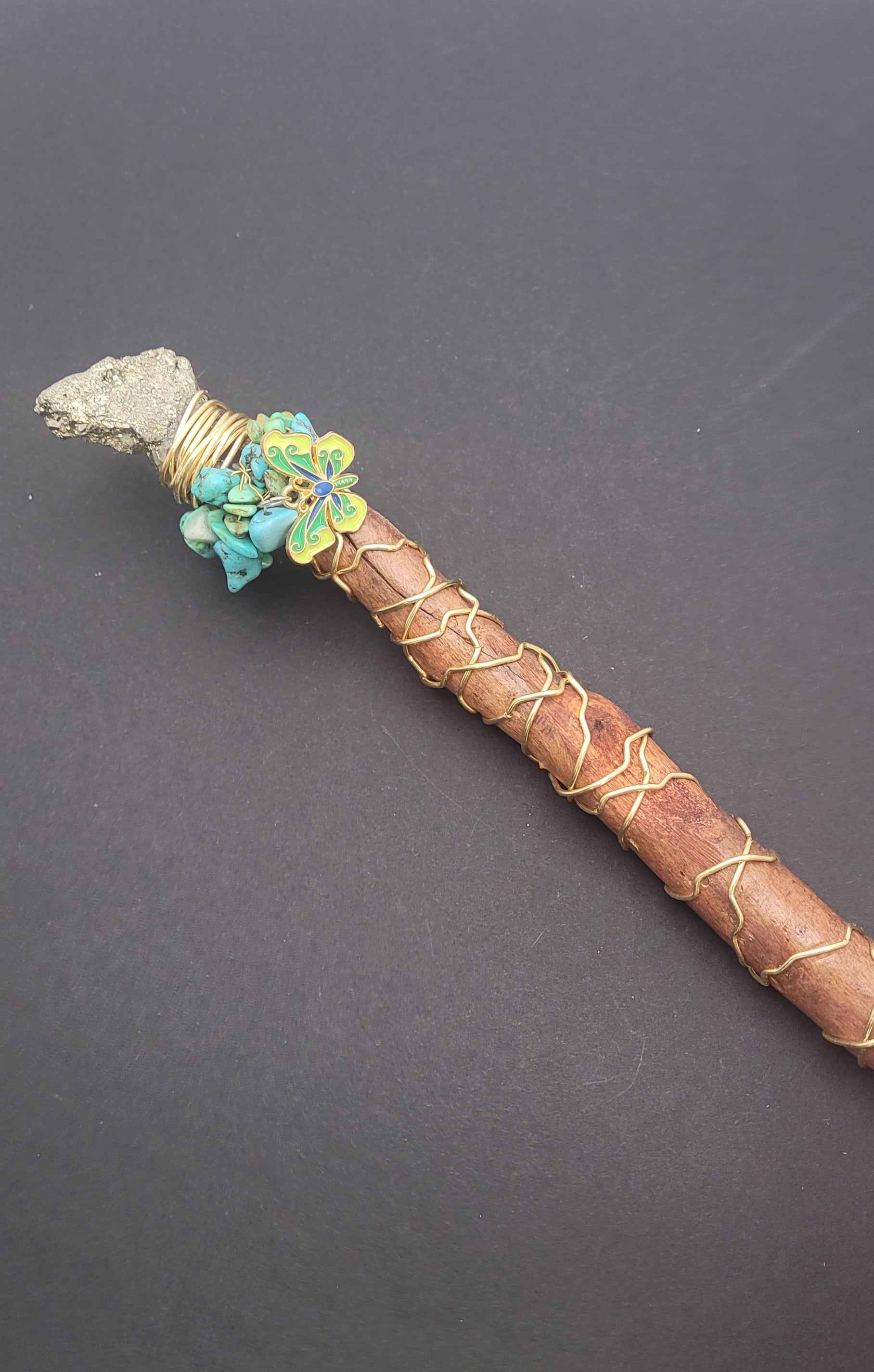 Handmade Pyrite With Turquoise Wand With Butterfly Charm.