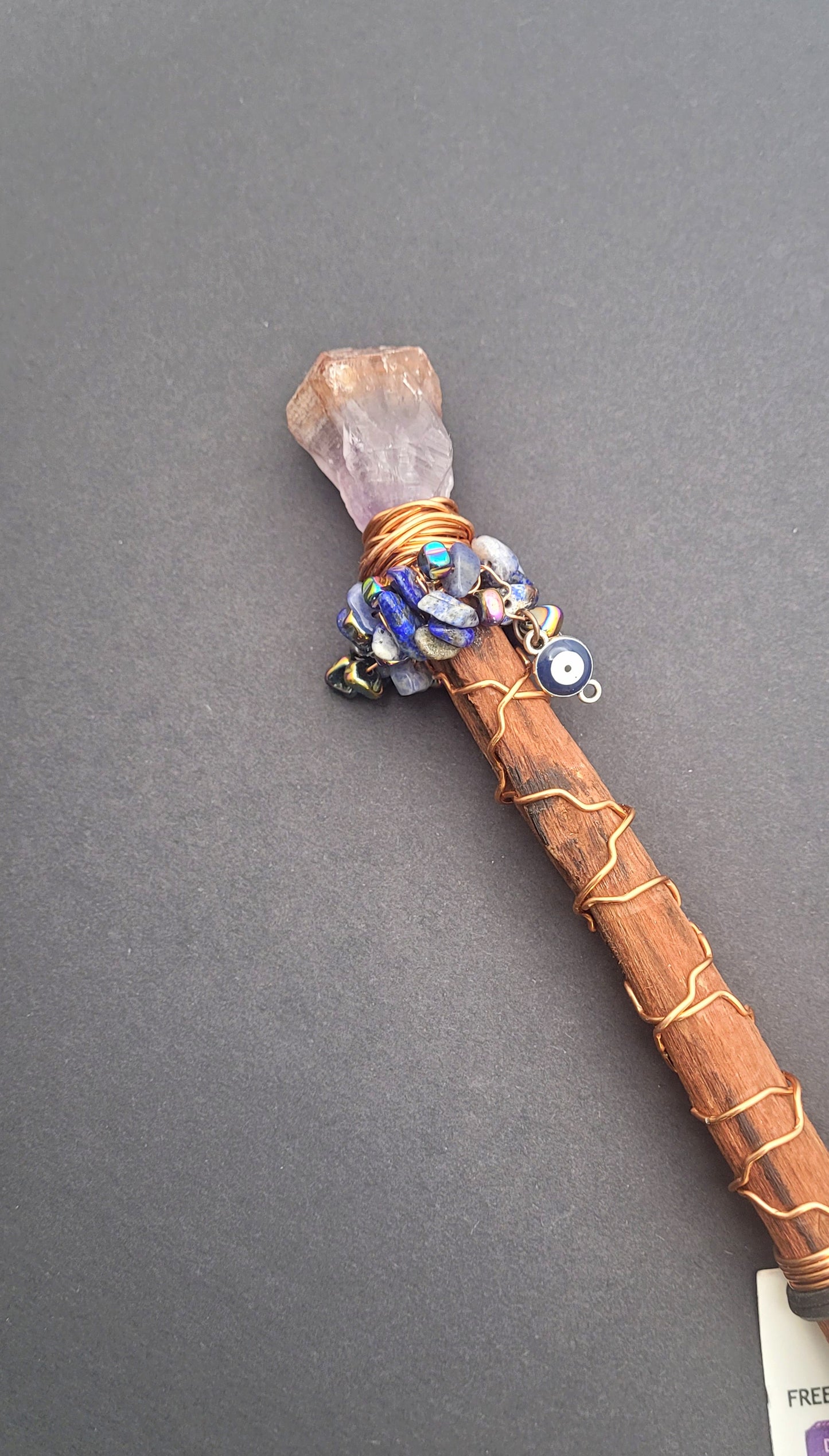 Handmade Super 7 Amethyst, Lapis, Hematite, Evil Eye Charm Wand.