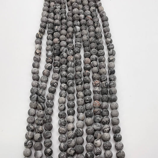 6mm Grey Leopard Jasper Matte Round Strand
