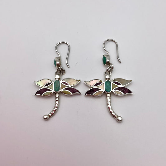 Peruvian Inlay Dragonfly Earrings Sterling Silver