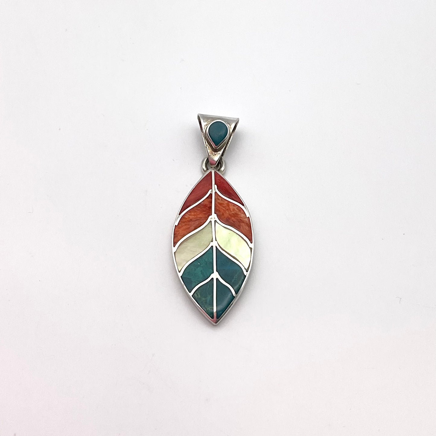 Peruvian Inlay Leaf Pendant Sterling Silver