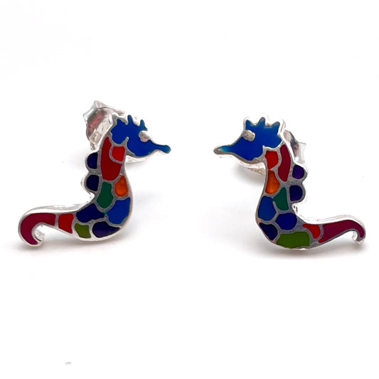Gemstone Inlay Mini Seahorse Stud Earrings Peruvian Silver