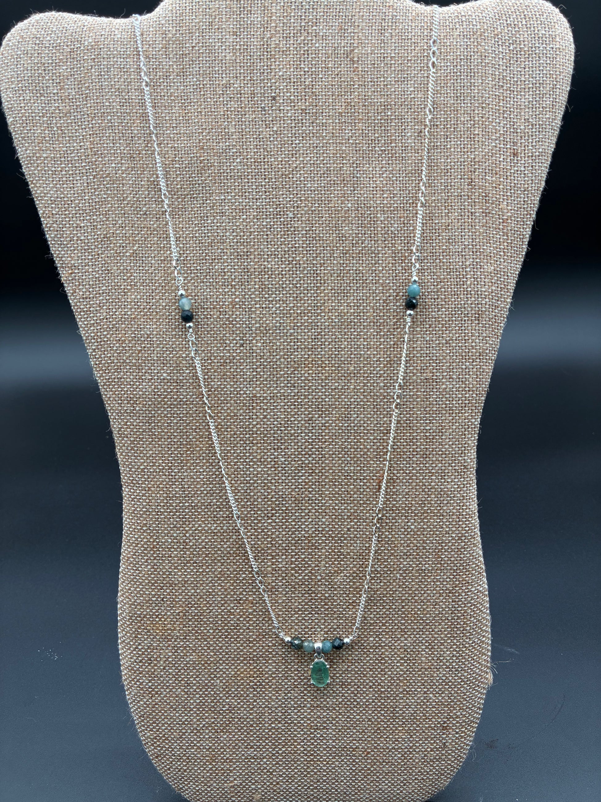Sterling Silver Blue Tourmaline and Aqua Kyanite Necklace 24 inch.