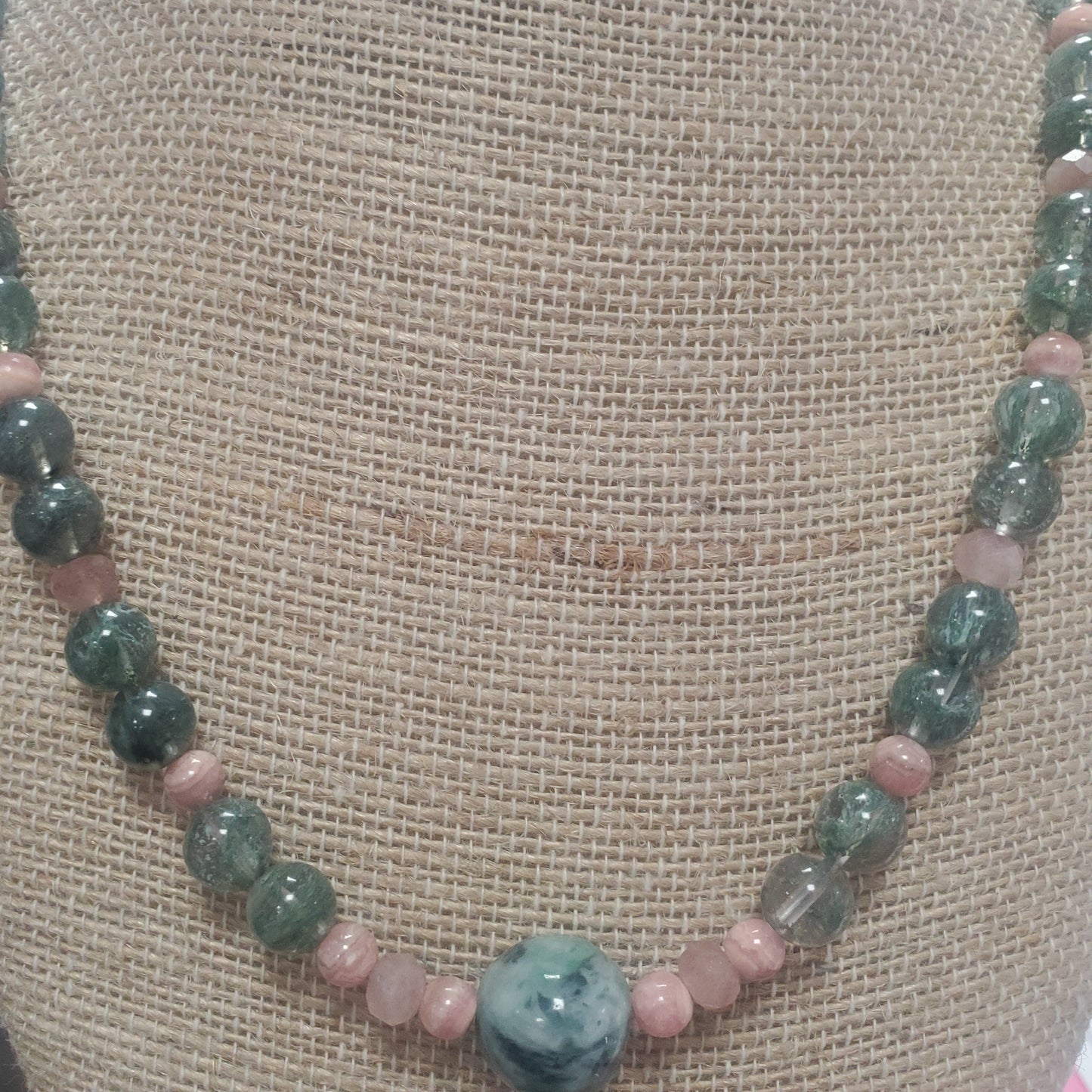 Jade, Rhodochrosite, Strawberry    & Green Quartz Beaded Necklace.