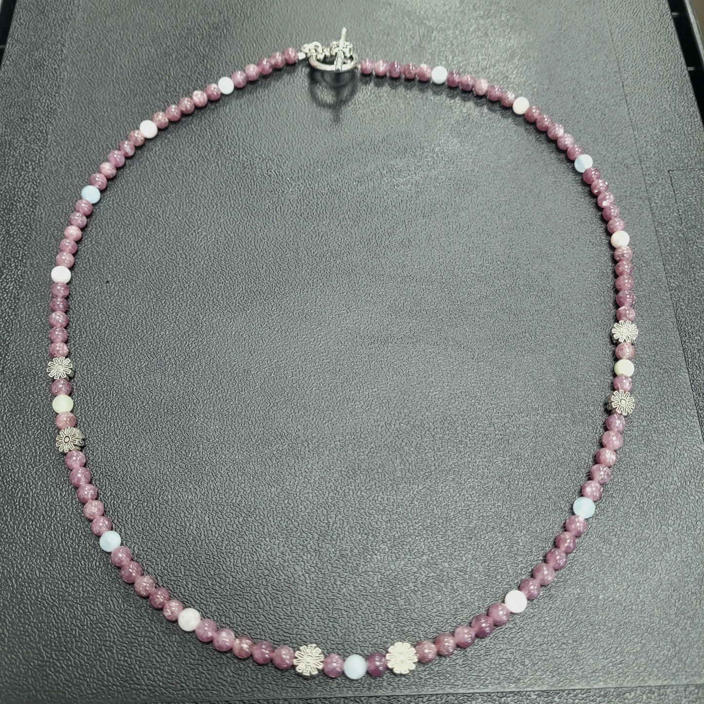 Handmade Lepidolite Necklace with Pewter Flowers and Morganite.