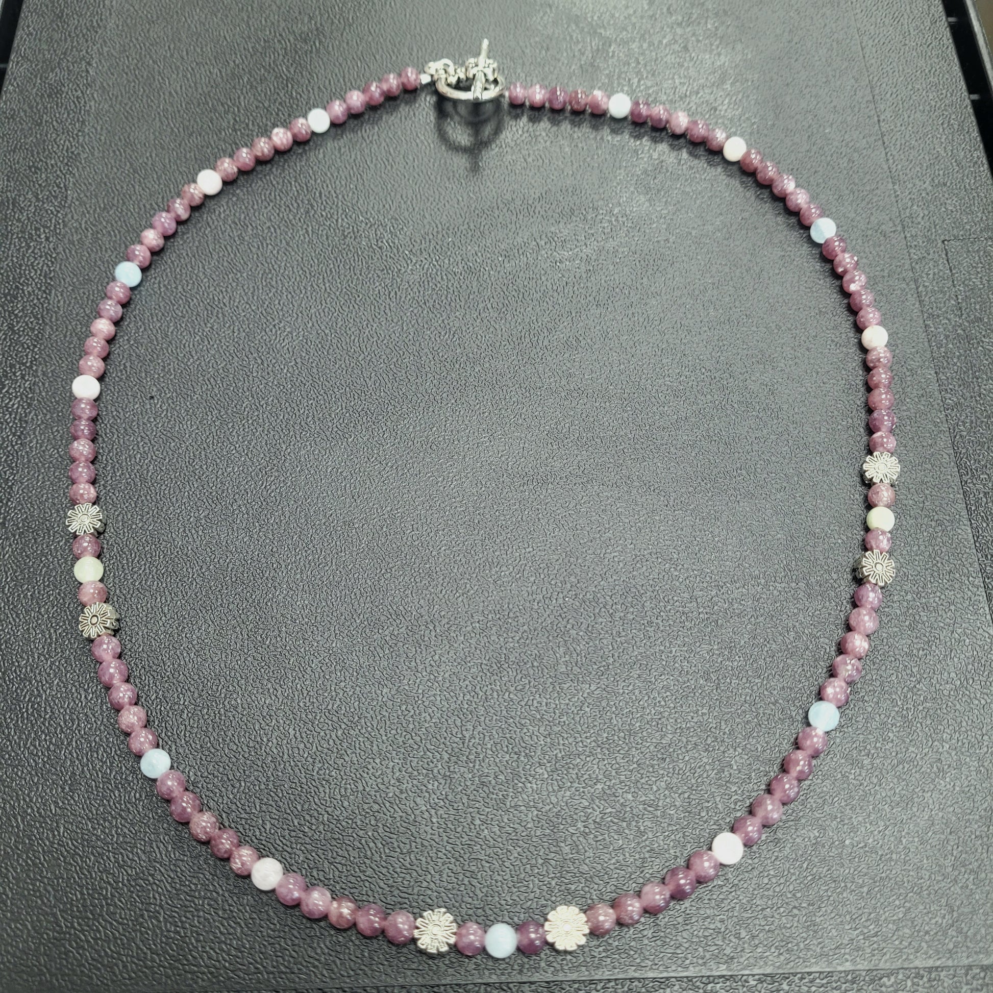 Handmade Lepidolite Necklace with Pewter Flowers and Morganite.