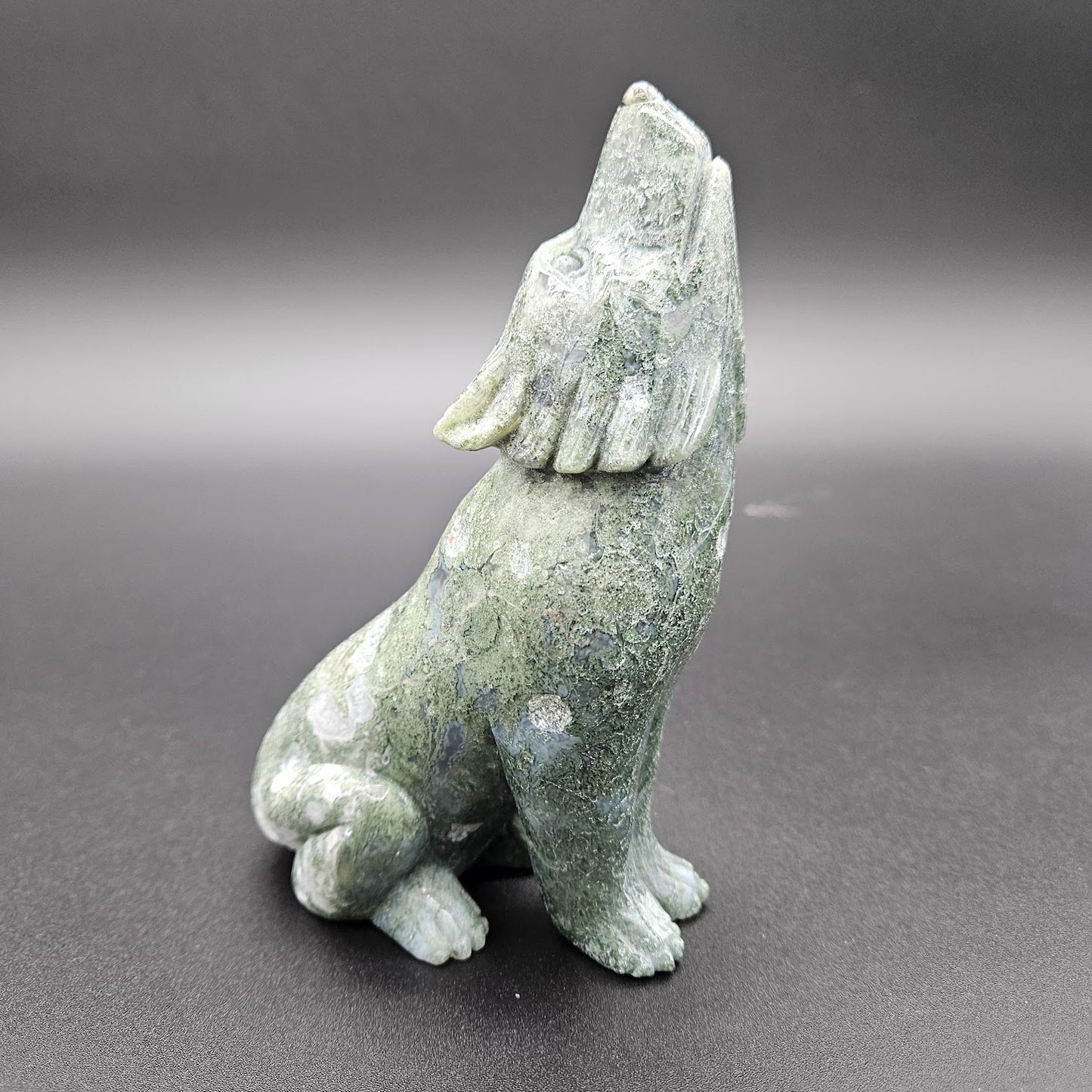 Moss Agate Wolf Statue.