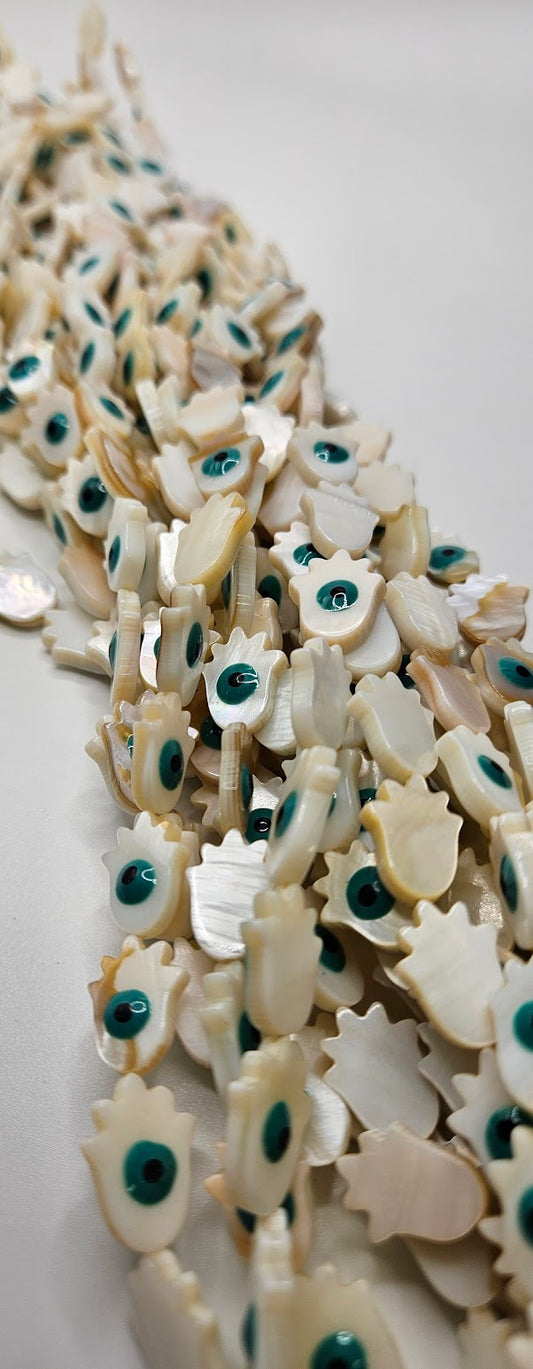 Mother of Pearl Hamsa Evil Eye Glass Bead Strand.