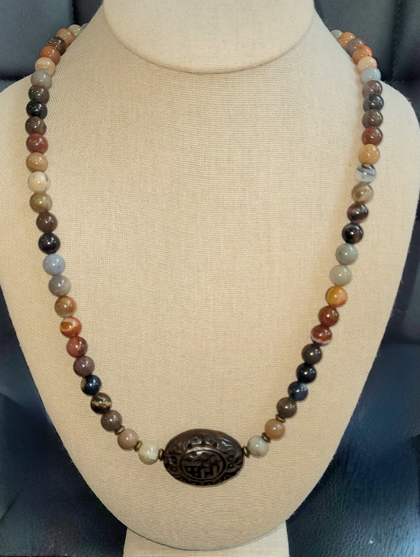 Unique Petrified Wood & Carved Bone Necklace.