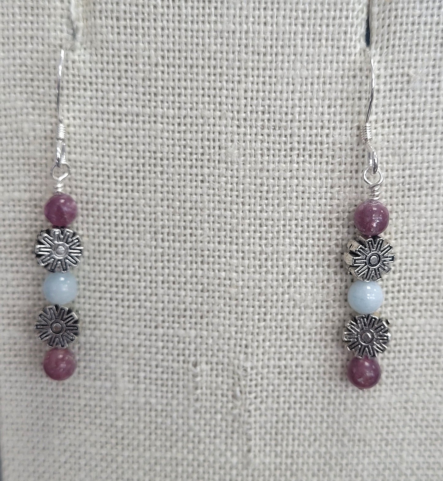 Handmade Pewter Flower Earrings with Lepidolite and Morganite.