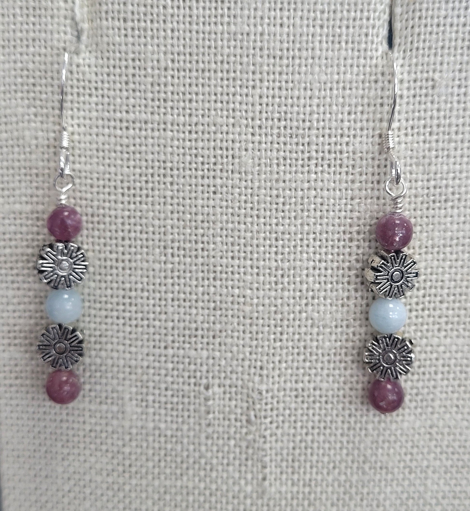 Handmade Pewter Flower Earrings with Lepidolite and Morganite.