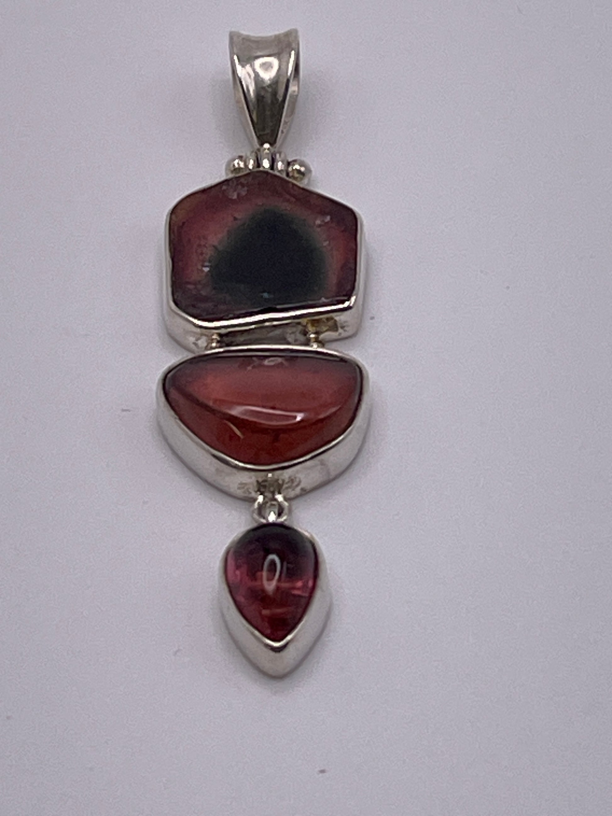 Pink-Watermelon Tourmaline 3 Drop Sterling Silver Pendant.