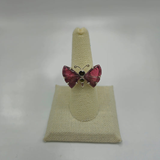 Pink and Green Tourmaline Sterling Silver Carved Butterfly Ring.