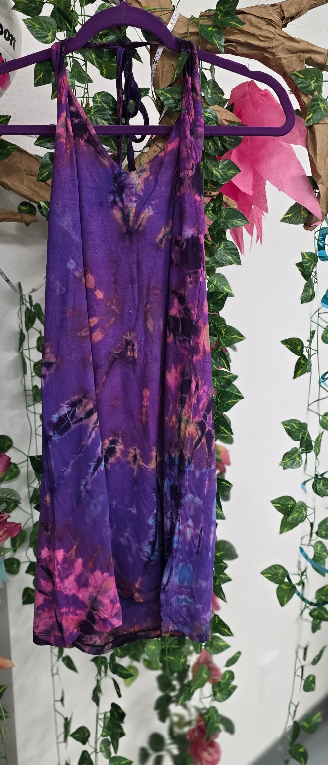 Purple Tie-Dye Halter Dress.