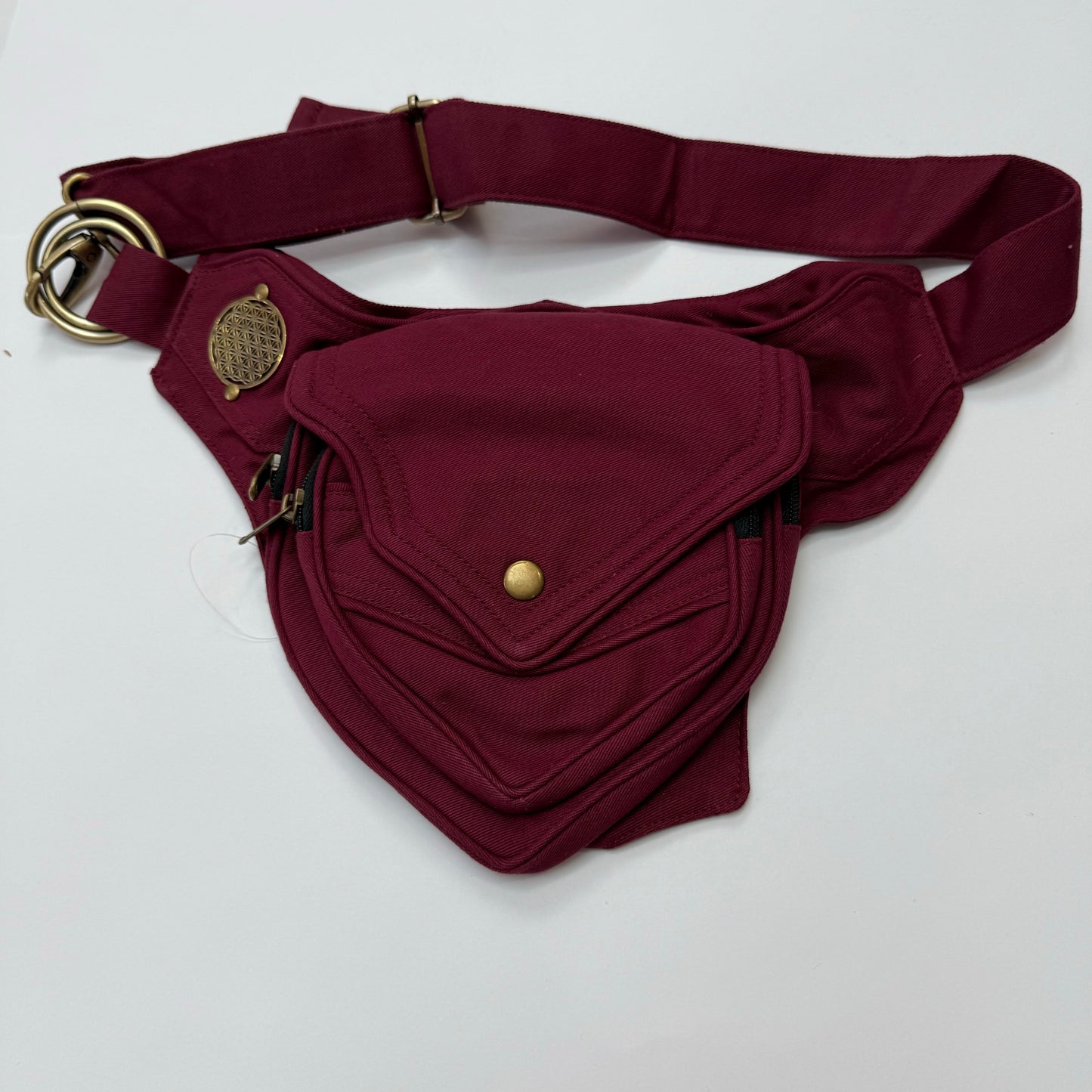 Red Waist Bag Cotton 3 Zipper Pockets.